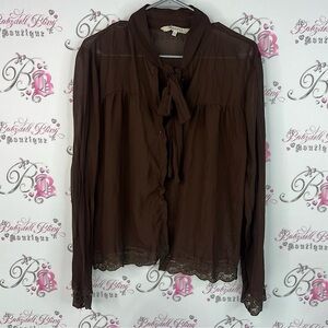 Rw&co blouse button up ribbon tie up neck detail lace ruffle Brown Women's Top